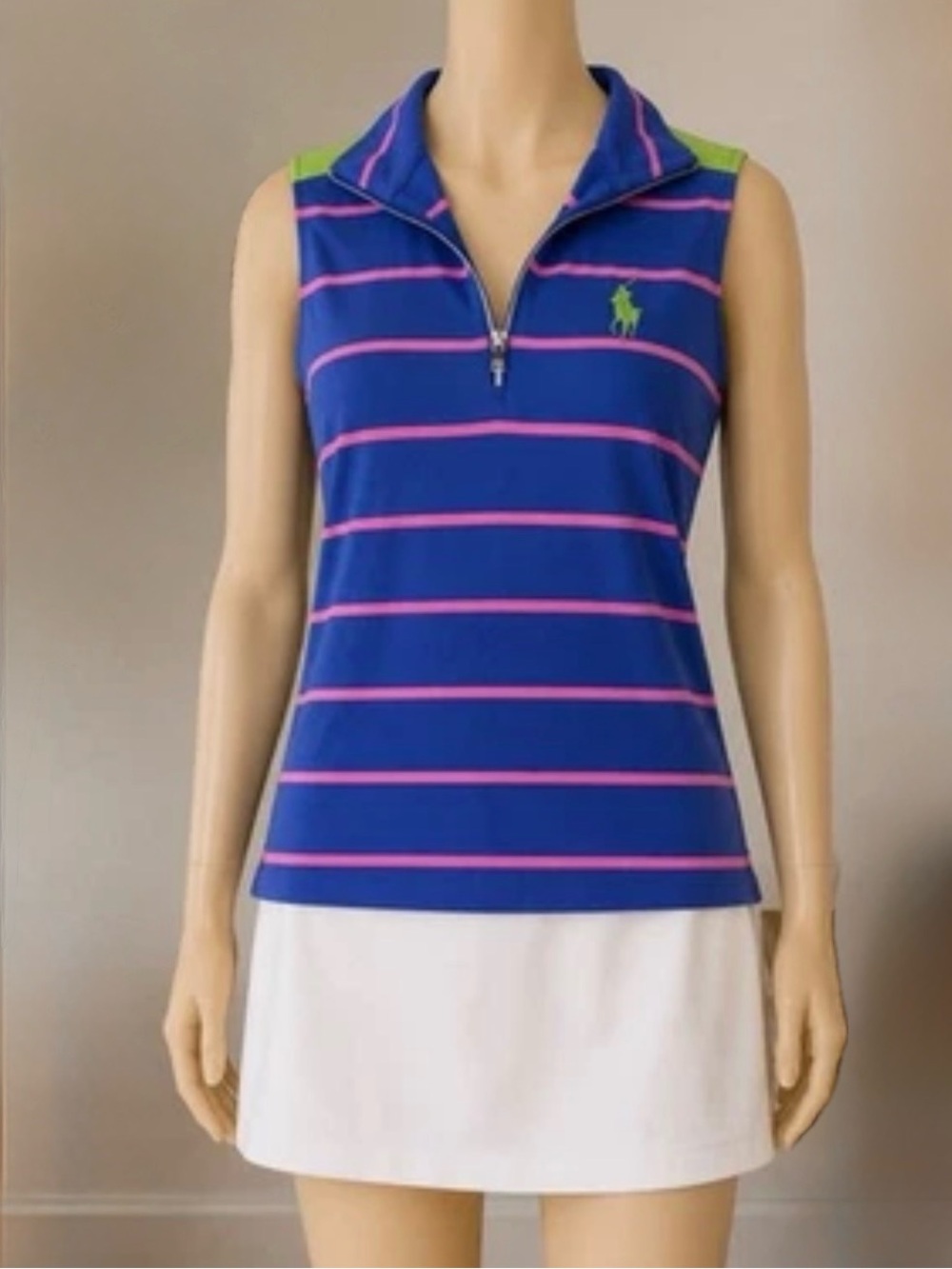 Ralph Lauren Polo Golf Sleeveless Striped Mock Zip tank L Tennis Pickleball Y2K